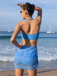 Teen Girls One-Piece Swimsuit With Beach Pattern Print, Hollow-Out, Drawstring Side Beach Dress - Blue and White - View 2