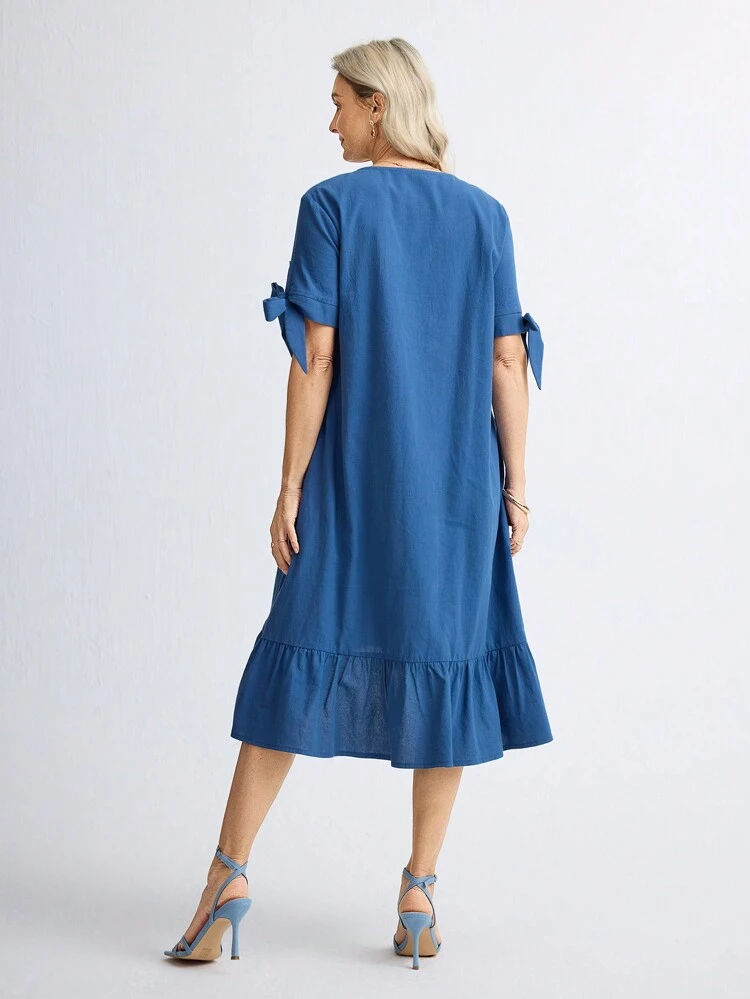 Women's Solid Color Round Neck Short Sleeve Pleated Simple Casual Dress