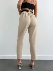 SHEIN Cottnline Women Creased Straight Leg Trousers With Slanted Pockets - Beige - View 2