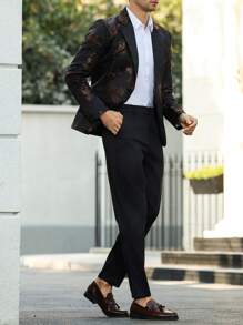 Manfinity Mode Men's Floral Jacquard Lapel Neck Jacket And Trousers Suit, Flowered Men Blazer