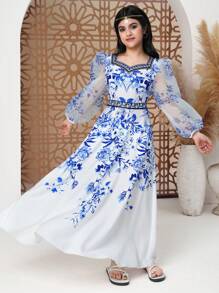 SHEIN Teenage (Girls) Mesh Splice Sweetheart Collar Long Sleeve Floral Print Dress