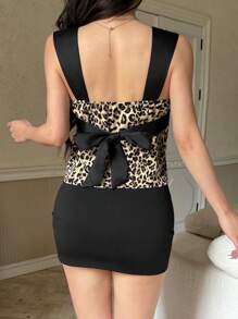 SHEIN Unity French Seductive Style Low-Cut Sexy Splice Wide Strap Backless Drawstring Waist Slim Leopard Print Blouse For Women - Multicolor - View 2