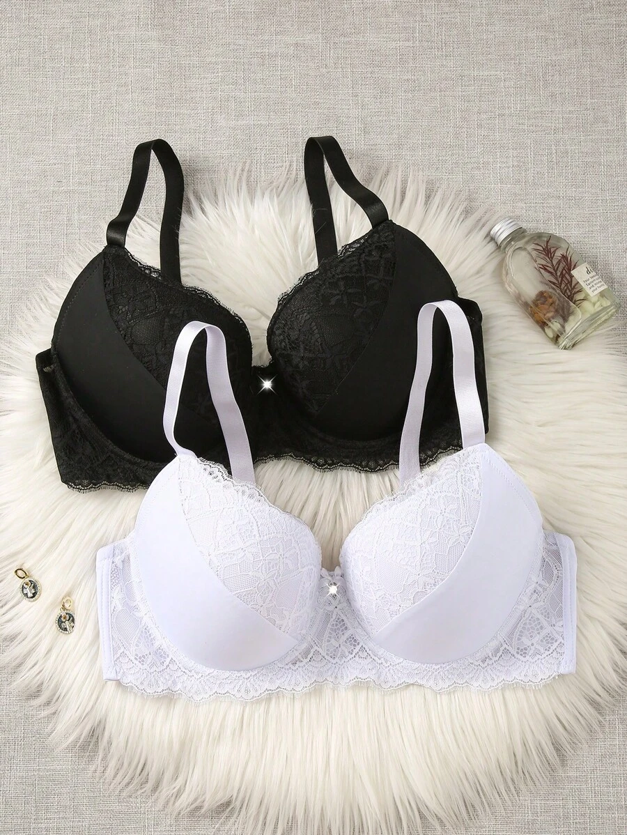 DesireSculpt 2pcs/Set Women Plus Size Minimalist Lace Splice Underwire Adjustable Lingerie Bralette, Lift - Black and White - View 1