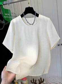 Chiquease Textured Satin Round Neck Women Short Sleeve Shirt