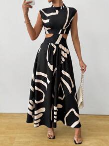 Vavine 女士立领无袖印花镂空简约休闲连衣裙 - 黑色 - 查看 7