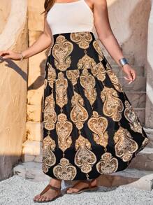 Breezaya Plus Size Women Floral Print Elastic Waist Pleated Asymmetric Fishtail Hem Mid-Length Skirt, Suitable For Vacation