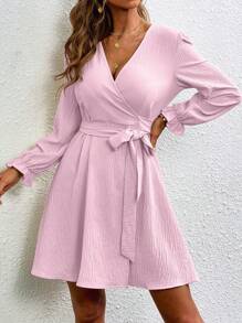 SHEIN Clasi 干玫瑰裹身式浪漫性感V领连衣裙 - 粉色 - 查看 6