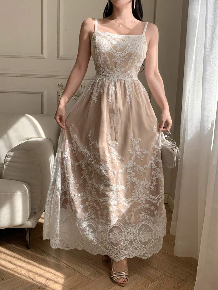 Women's Sleeveless Floral Embroidered Casual Elegant Spaghetti Strap Dress Easter