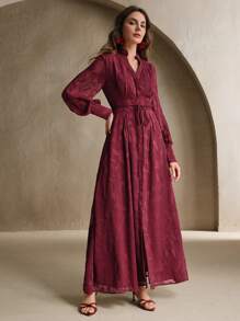 Anewsta Going Out Small Stand Collar V-Neck Lantern Long Sleeve Semi-Sheer Cinched Waist Floral Fabric Elegant Modern Long Dress Women Thanksgiving Outfit Christmas Theme Festival Spring Outfits For Women Vacation Outfits Woman - Burgundy - View 5