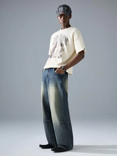 NEON BLANC 男士休闲街头时尚宽松蓝色牛仔长牛仔裤