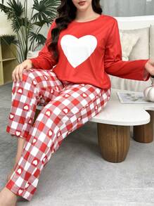 情人节格子和心形印花圆领睡衣套装，加大码 - 紅白色 - 查看 4
