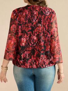 SHEIN Clasi Blusa de mujer con estampado de encaje de rosa y cuello de volantes en tallas grandes, cómoda y elegante, para primavera/verano - Multicolor - Ver 2