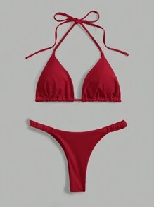 Swim Basics Women's Solid Color Halter Neck Tie Back Bikini Top And Bottom Swimwear Set, For Summer Beach Vacation