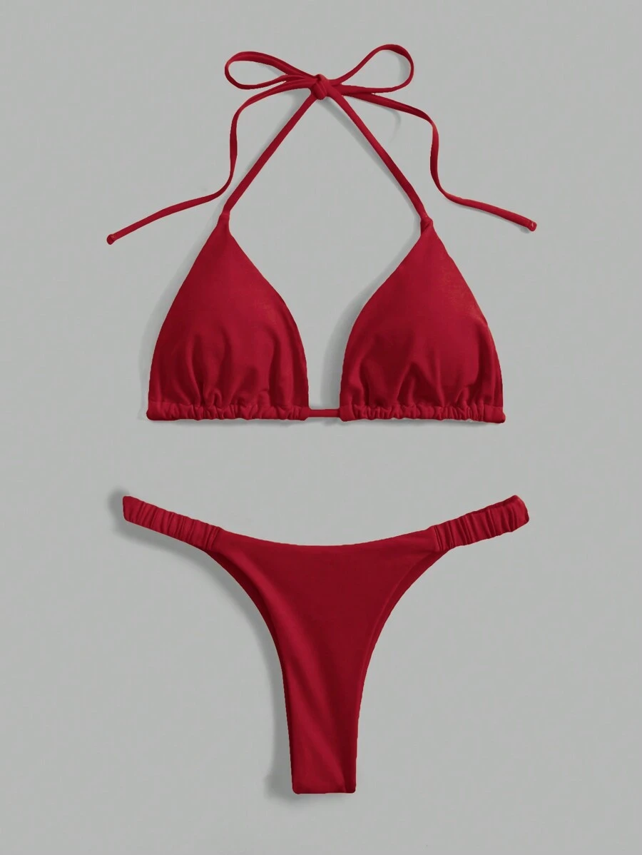 Swim Basics Women's Solid Color Halter Neck Tie Back Bikini Top And Bottom Swimwear Set, For Summer Beach Vacation