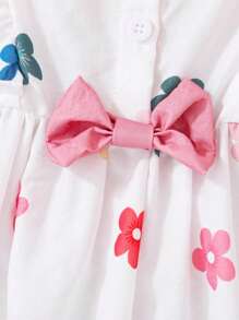 2pcs Baby Girl Cute Bow & Floral Ruffles Decor White Dress & Hat Set, Suitable For Spring/Summer Holiday And Outdoor Play - White - View 4