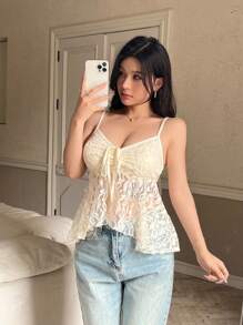 SHEIN Unity 女士优雅蕾丝不对称下摆吊带背心 - 杏色 - 查看 3
