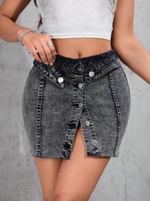 SHEIN PETITE 女款前扣式極簡修身牛仔裙，休閒日常穿著，適合嬌小女性 - 深灰色 - 查看 1