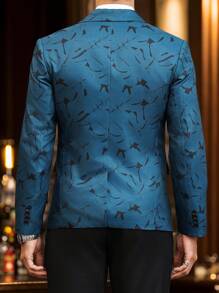 Manfinity Mode 男士尖领撞色前扣不对称花卉全印花西装夹克，适合华丽派对穿着、日常穿着 - 墨綠色 - 查看 4