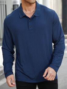 Manfinity CasualCool Plus Size Men Plain Button-Up Long Sleeve Casual Polo Shirt
