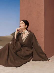 Al Najma 女士土耳其风格和阿拉伯传统长裙，朴素的卡夫坦 - 咖啡棕 - 查看 4