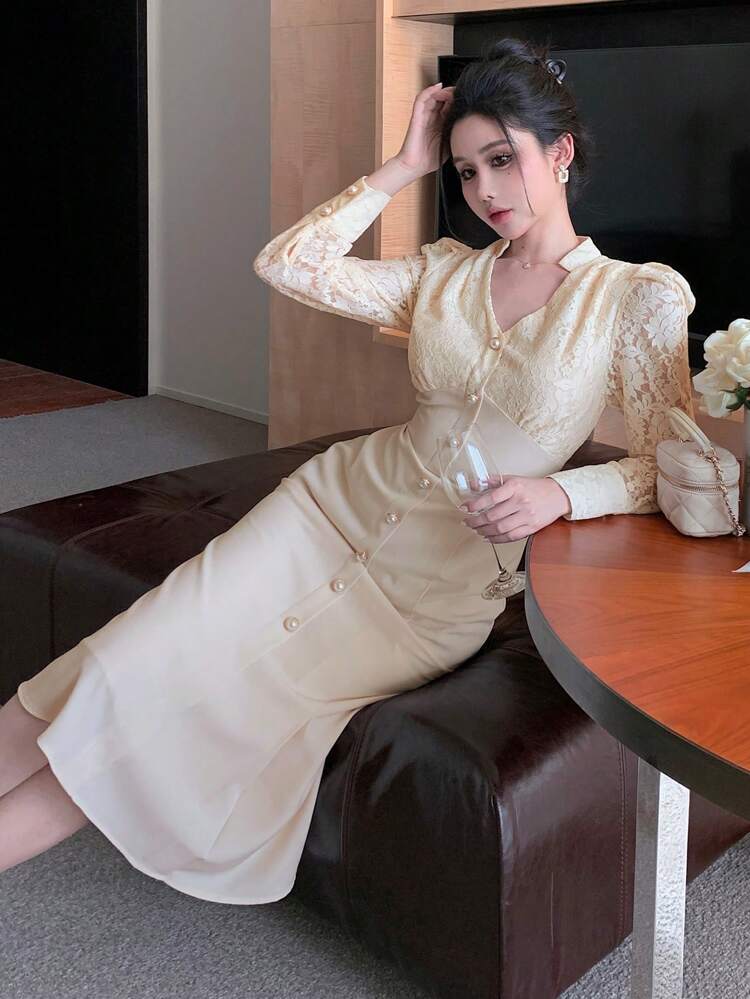 Lace Patchwork V-Neck Puff Sleeve Fishtail Midi Dress For Women,Ruffle,Fall Dress Long Sleeve Dress