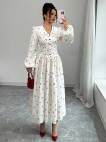 Modelyn 女士编织花卉印花荷叶边下摆长袖纽扣腰 A 字连衣裙 - 杏色 - 查看 5