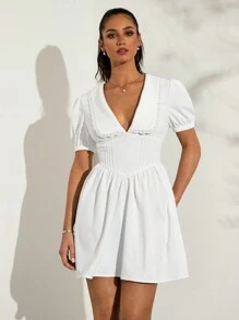Glamine Vestido blanco de verano con cuello Peter Pan, mangas abullonadas, corte evasé y plisado a la cintura en diseño vintage francés