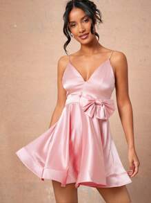 L'Amorae Vestido elegante con escote profundo en pico, vuelo y moño 3D - Rosa - Ver 1