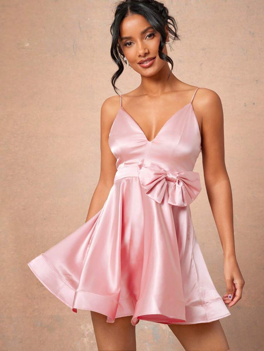 L'Amorae Vestido elegante con escote profundo en pico, vuelo y moño 3D - Rosa - Ver 1
