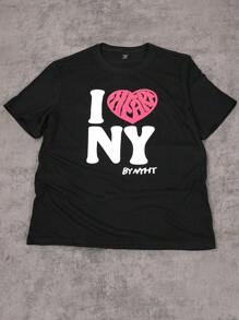 Manfinity EMRG Men's Slogan & Heart Print Round Neck Short Sleeve Casual T-Shirt - Black - View 1