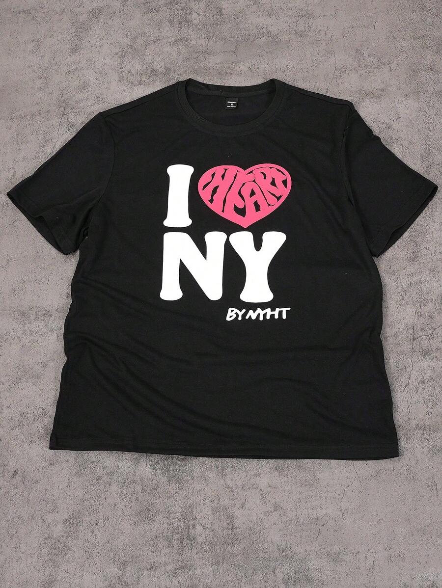 Manfinity EMRG Men's Slogan & Heart Print Round Neck Short Sleeve Casual T-Shirt - Black - View 1