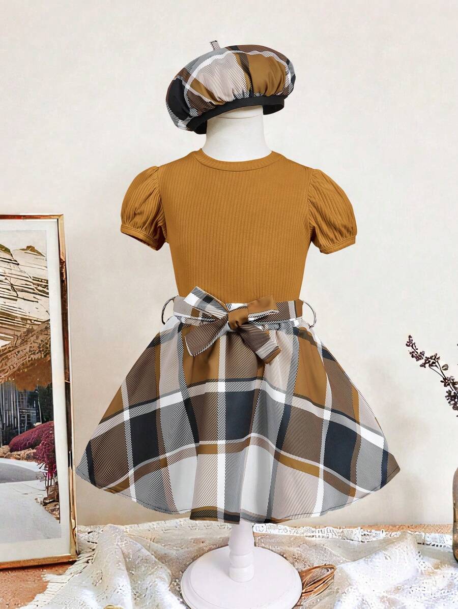 SHEIN Set de 2 piese pentru fete tinere cu gât rotund și fustă cu mâneci scurte