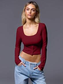 MUSERA Button Corset Long Sleeve Top Casual Summer Spring - Burgundy - View 1