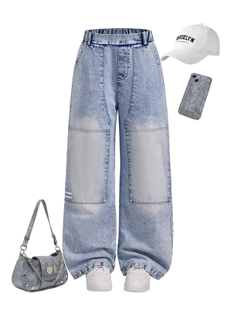 SHEIN 1pc Boy Teenager Loose Straight Leg Jeans Baby Blue,Summer,Street Life Casual Graphic Street Fashion,Graduation,Back-To-School Washed Patchwork Denim - Blue - View 1