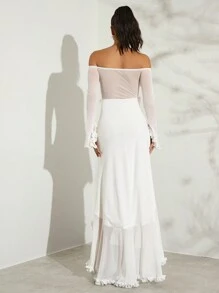 Glamine Vestido largo blanco de encaje con hombros descubiertos y corazones de malla - Elegante vestido para el Día de San Valentín, perfecto para bodas de primavera y verano, vestidos de vacaciones de largo maxi