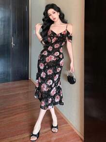 DAZY 女士花卉荷叶边连衣裙 舞会礼服 优雅女士复活节礼服 - 黑色 - 查看 9