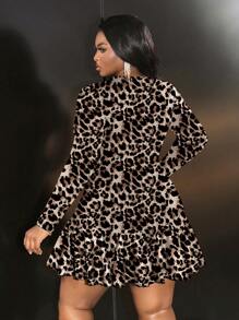 Slaydiva 休闲简约豹纹褶边修身圆领长袖大码连衣裙，适合秋冬季 - 彩色 - 查看 2