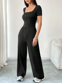 Flirla Button-Down Half-Zip Short Sleeve Culotte With Pockets Black Jumpsuit - Black - View 4