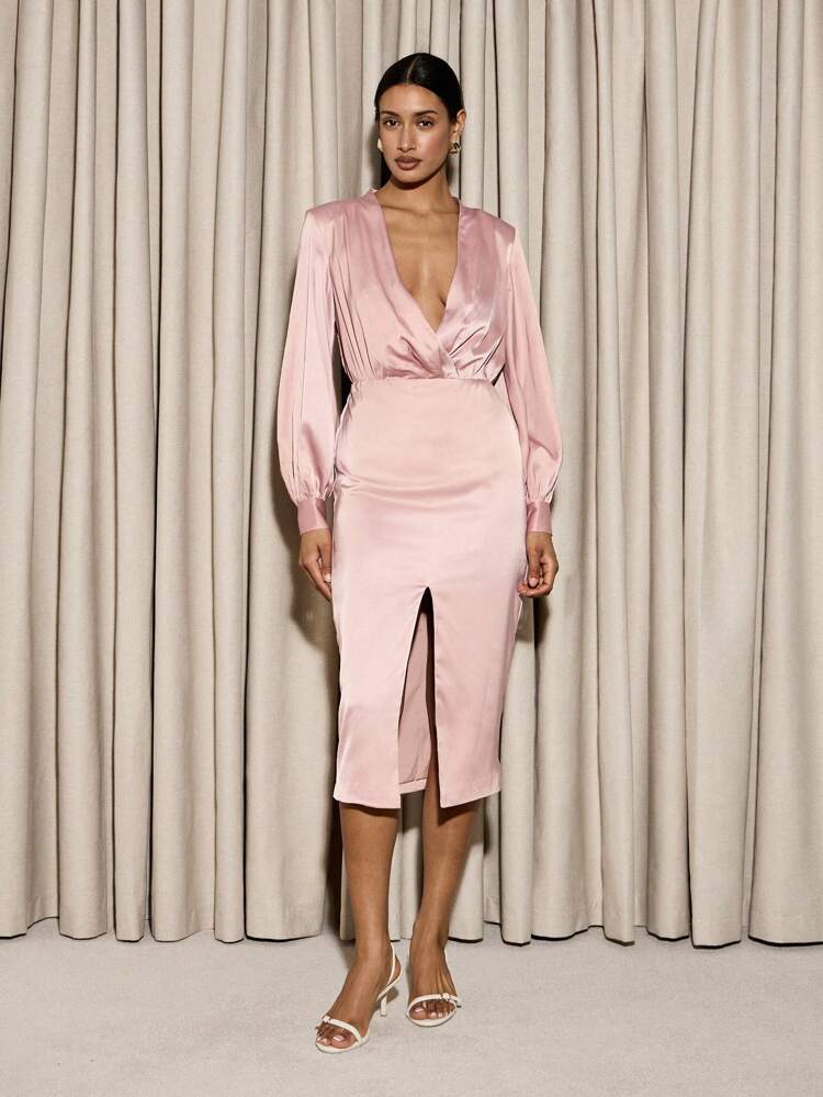 AiiRZ Elegant Long Sleeve Wrap Front Pencil Midi Dress With Deep V-Neck And Front Slit Perfect For Party Evening Wedding Guest Occasions Silky Luxe Collection