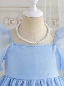 Young Girl Graceful Solid Color Bubble Sleeve Mesh A-Line Dress, Elegant Design