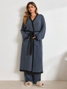 Lazeform 大码纯色吊带背心、长裤和系带睡袍套装，服装，舒适套装，秋冬