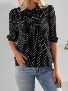 EMERY ROSE 中年女士雪纺中袖衬衫，夏季休闲衬衫，适合中老年人 - 黑色 - 查看 4