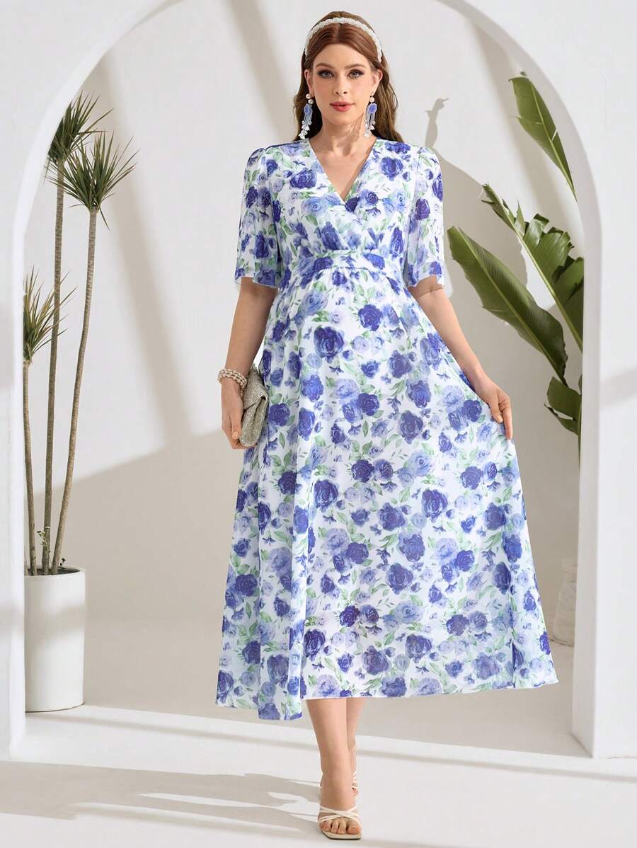 SHEIN Maternity V-Neck Short Sleeve Floral All-Over Print Casual Dress, Comfortable - Blue - View 1