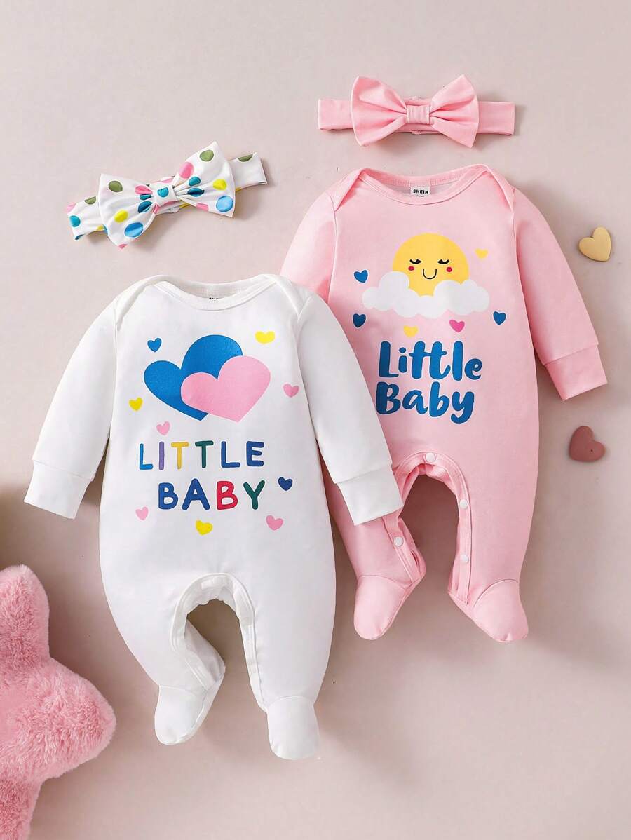 2 Pieces Baby Girls Sweet Heart & Cloud Print Long Sleeve Footie Pajamas And Headband Set - Multicolor - View 1