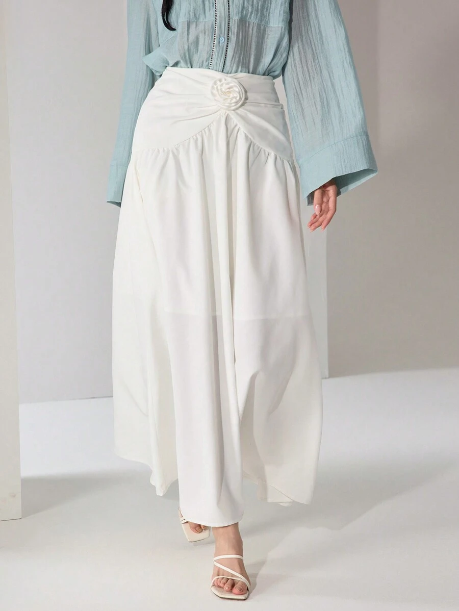 Modelyn Women's Solid Color Floral 3D Decor Elegant A-Line Skirt - White - View 1