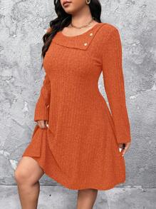 SHEIN LUNE Plus Size Crew Neck Long Sleeve Button Casual Short Dress