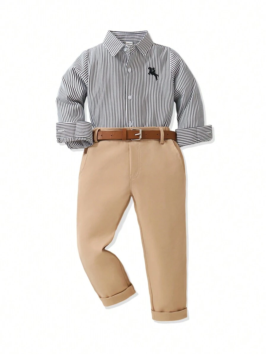 SHEIN 年轻男孩 2 件套绅士套装：条纹蓝色长袖衬衫和西装裤（配腰带），适合生日派对、晚会、婚礼、洗礼的时尚装扮