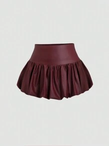 Sweetra Jupe mini évasée en tissu enduit brillant rouge à taille basse de type streetwear, de couleur bordeaux
