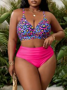 Slaydiva Plus Size Women 2 Pieces Bikini Colorful Leopard Print Top And Pink Bottom Swimwear, Suitable For Swimming Pool, Beach, Resort, For Summer Vacation - Hot Pink - View 3