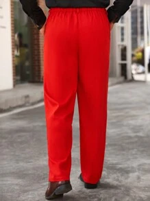 Manfinity Homme Plus Size Men's Solid Color Button Front Pocket Casual Pants, Everyday Wear - Red - View 2